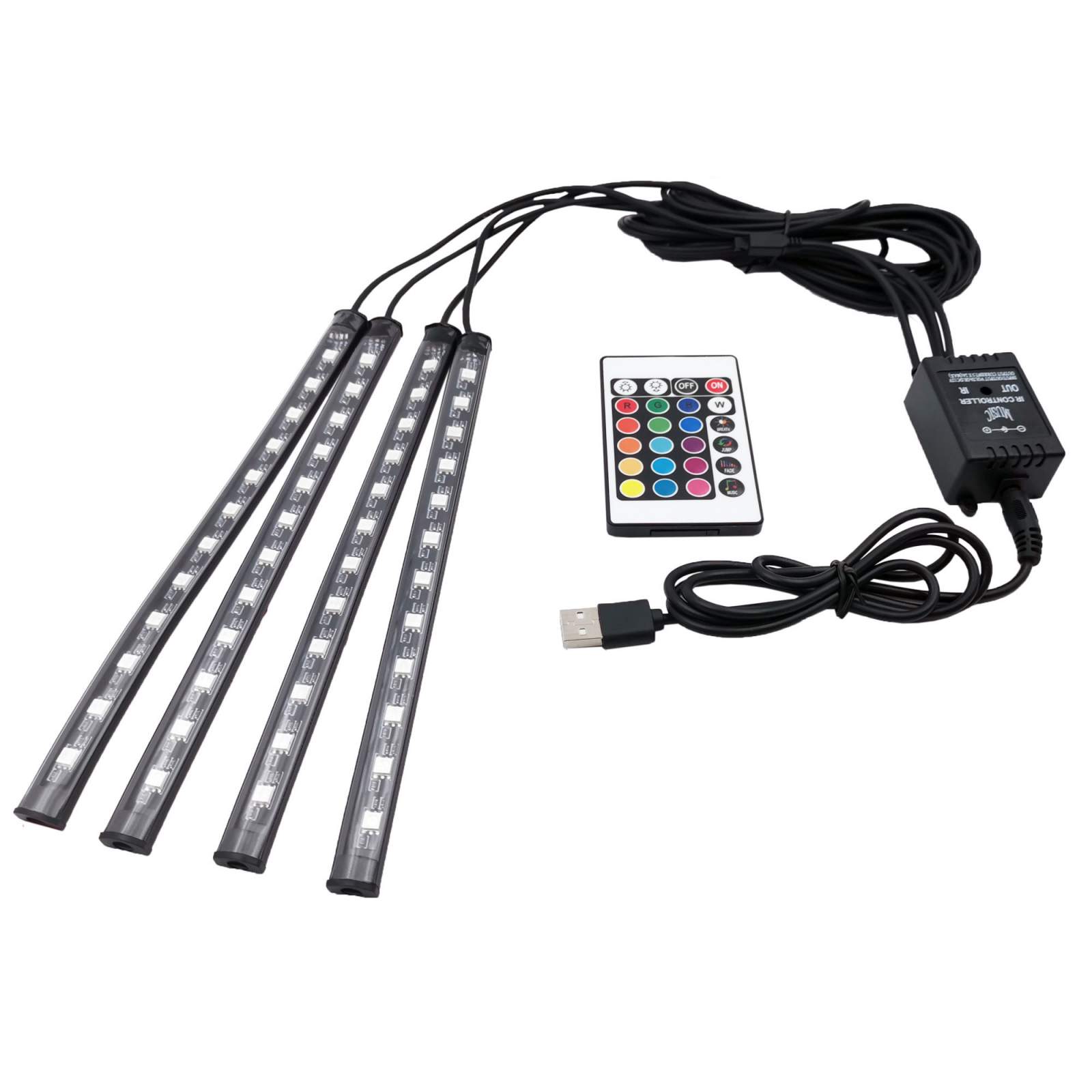 Car LED USB Strip Light - 4pcs 48 LED Multicolor with Remote - Foresight